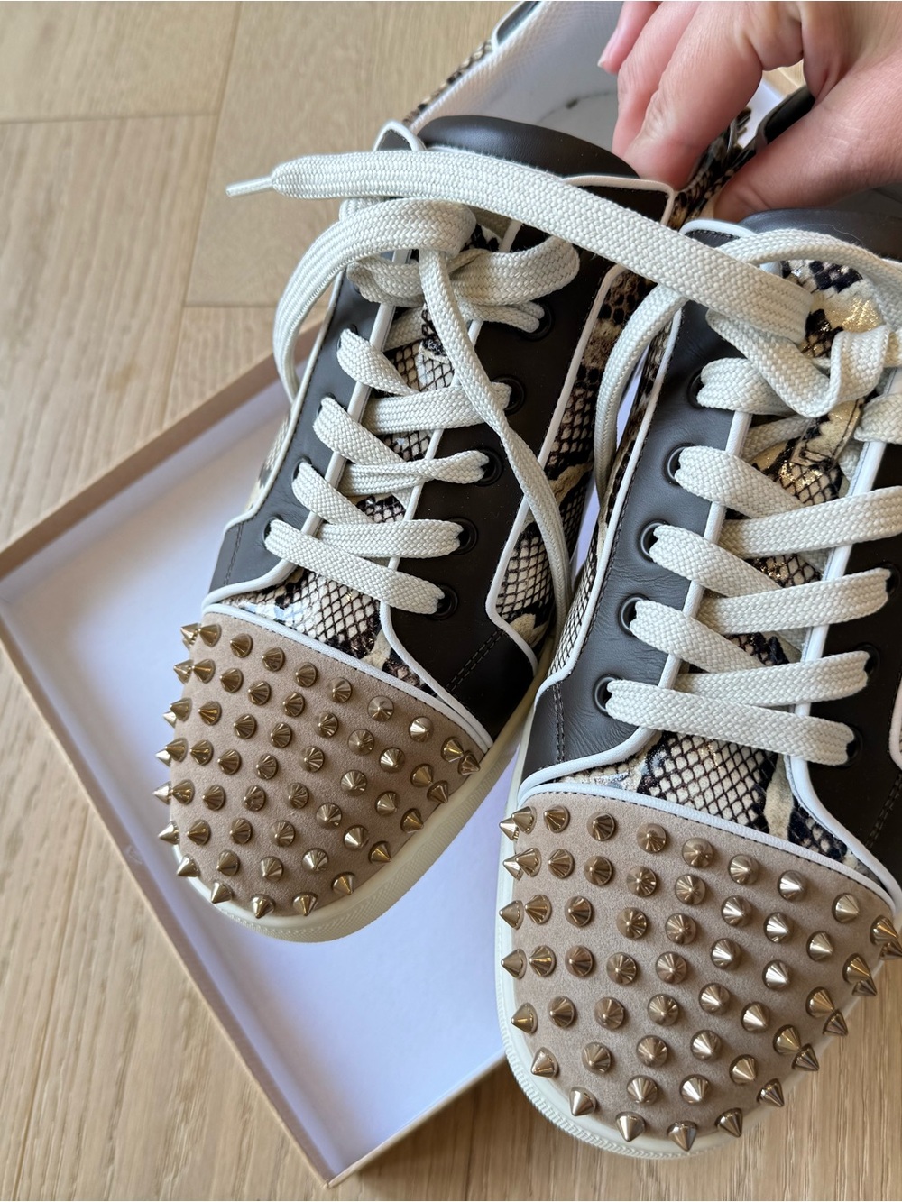 Christian Louboutin Studded Snake-Print Low-Top Sneakers in Black and Beige - Picture 5 of 8